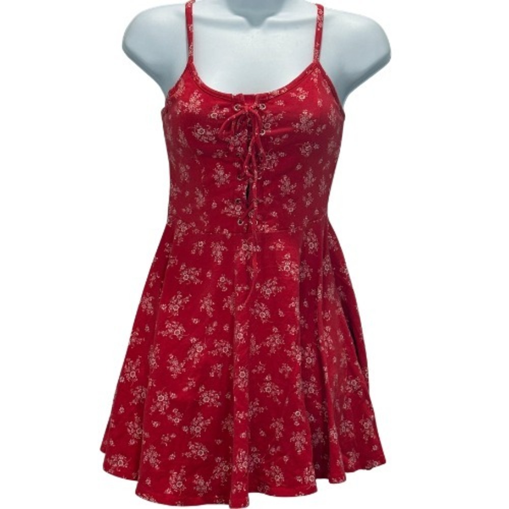 Y2K American Rag Lace Up Corset Mini Dress Red Floral XS Stretch Cotton